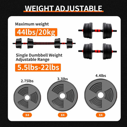Adjustable dumbbell to barbell set